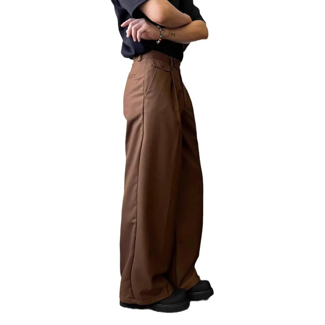Men's straight-leg suit trousers in brown with wide-leg fit showing front and side views.
