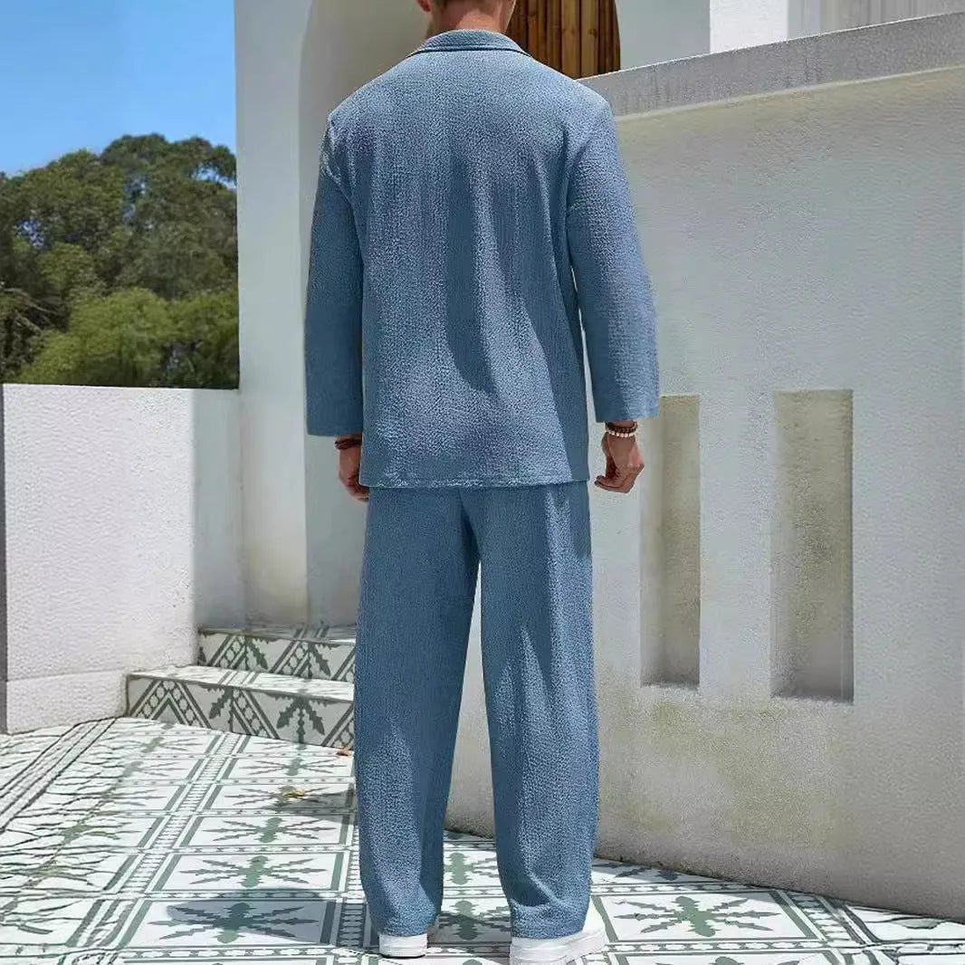 Men's casual shirt and trousers suit in lake blue, khaki, black, or caramel colour.
