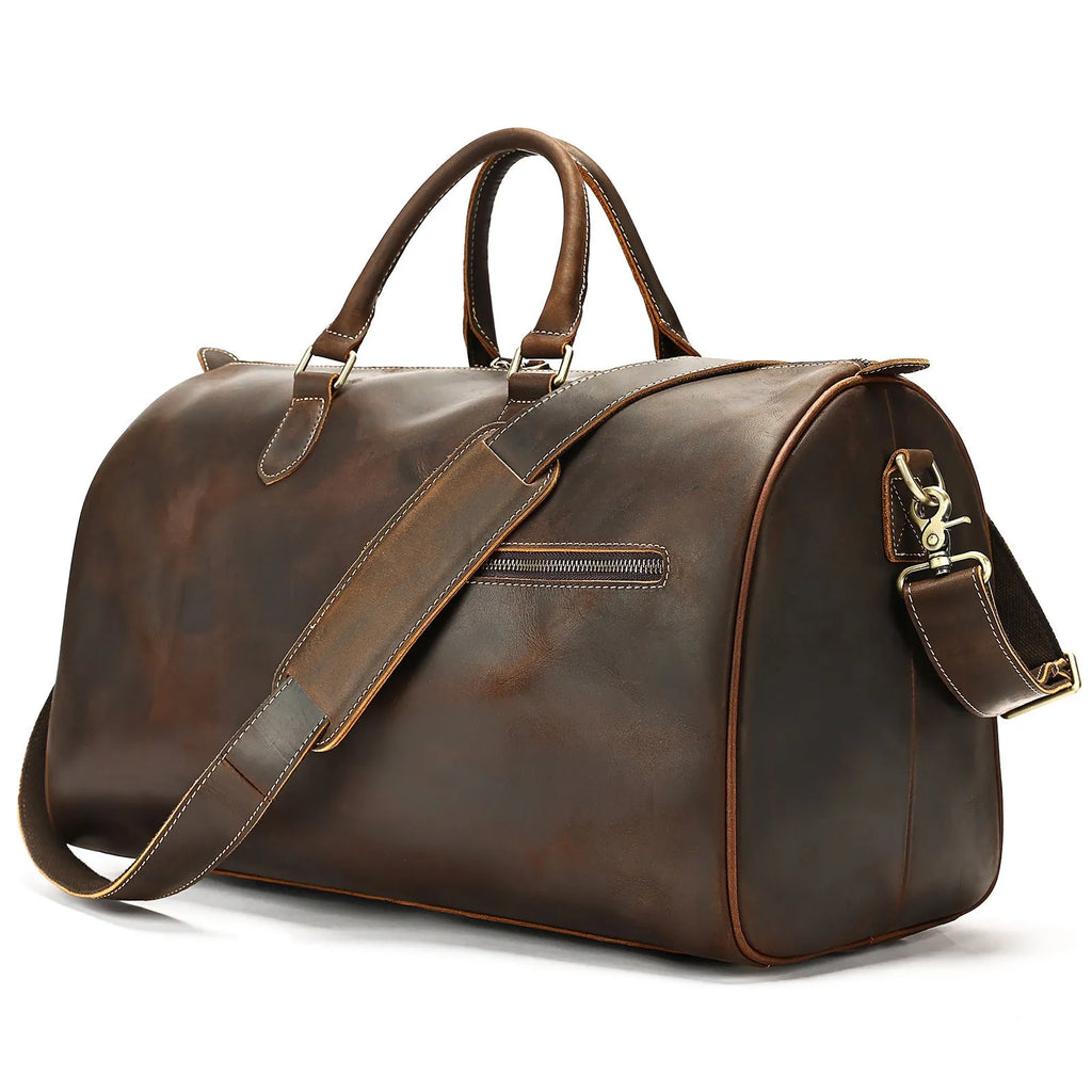 Men's genuine leather crossbody bag in brown with vintage styling and large 48.3cm width