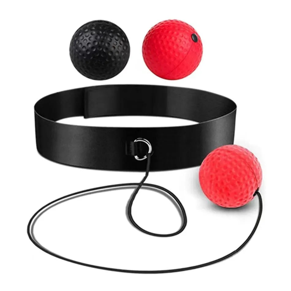 Head-mounted boxing reaction training ball with adjustable headband and red PU soft ball.