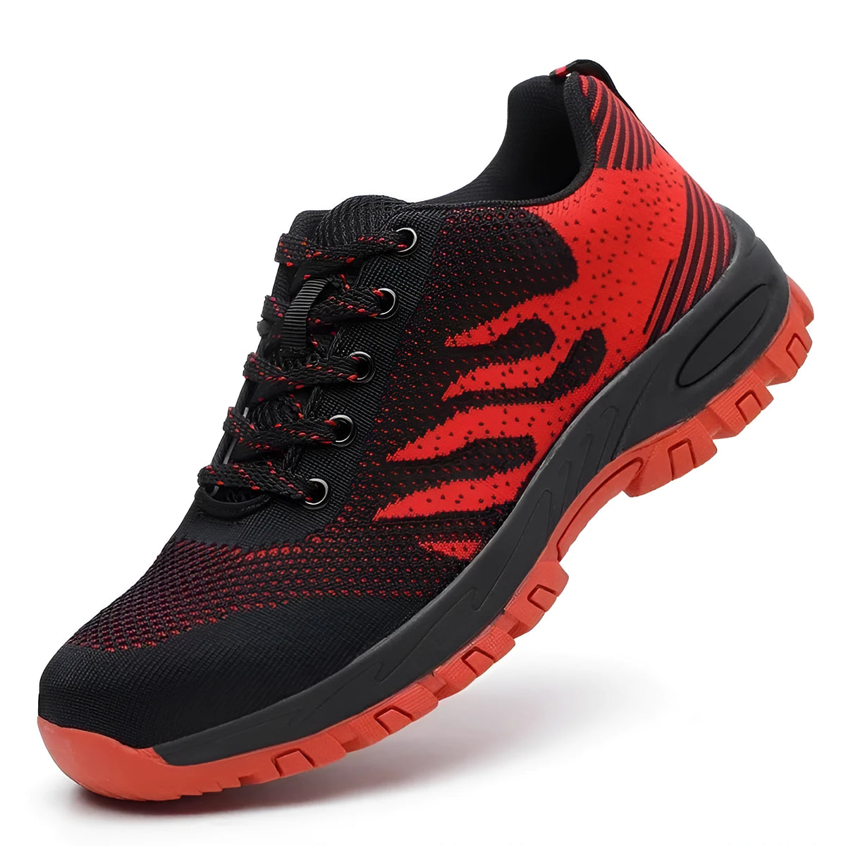 Red summer protective safety shoes with steel toe cap and breathable flying mesh upper on a non-slip sole.