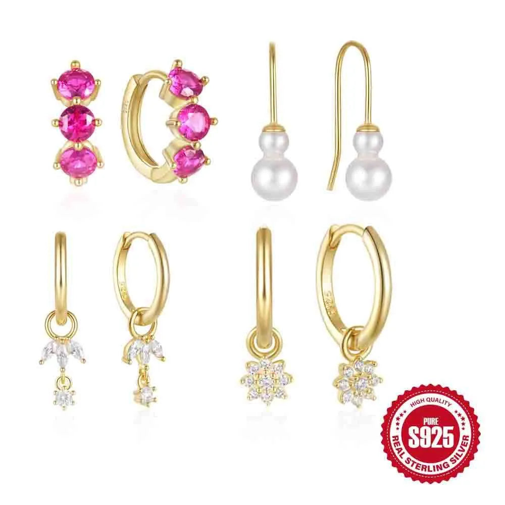 Golden-three diamonds colour sterling silver geometric earrings with inlaid zircon sunflower design.