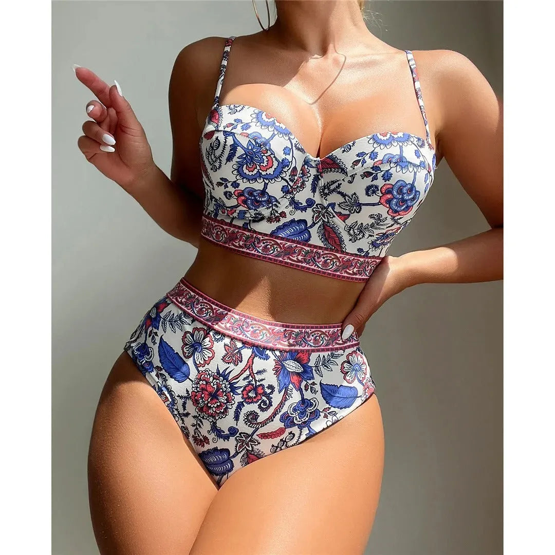 Blue women's high-waisted push-up bikini swimsuit in polyester fabric