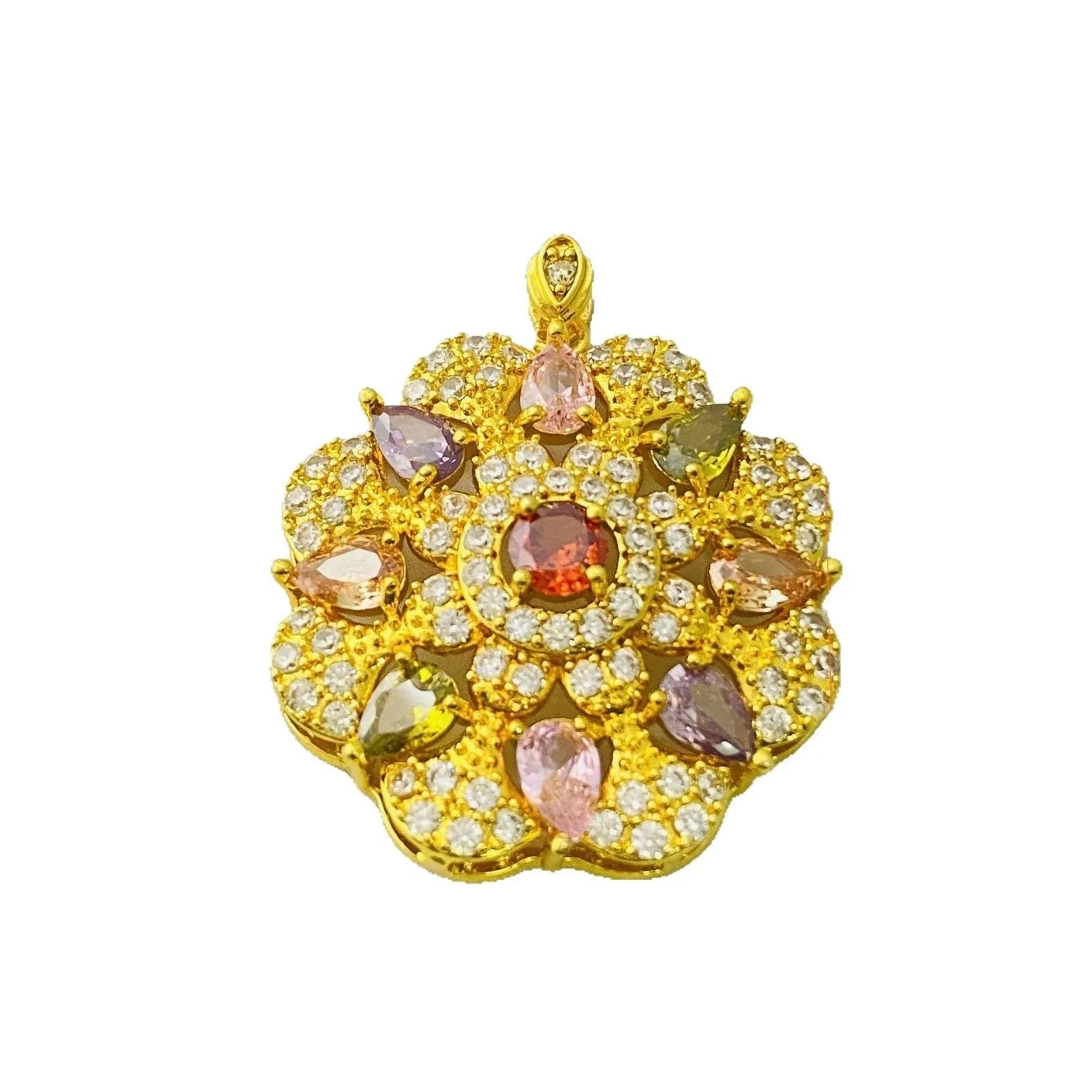 Women's colourful zircon flower pendant necklace in gold, champagne gold, or platinum colour finishes