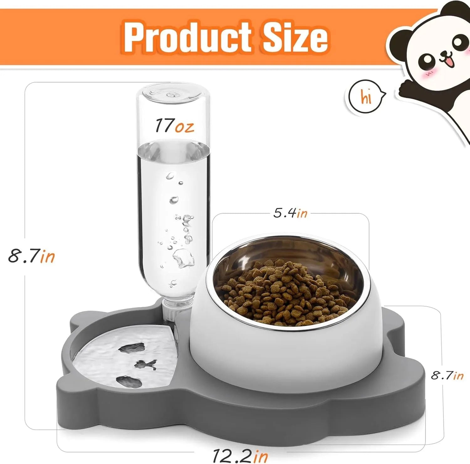Grey elevated pet bowl set with tilted stainless steel bowls and automatic water bottle