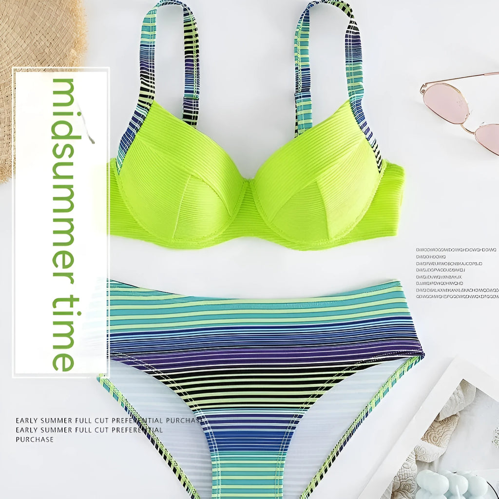 Women's green printed halter bikini set with split briefs swimwear