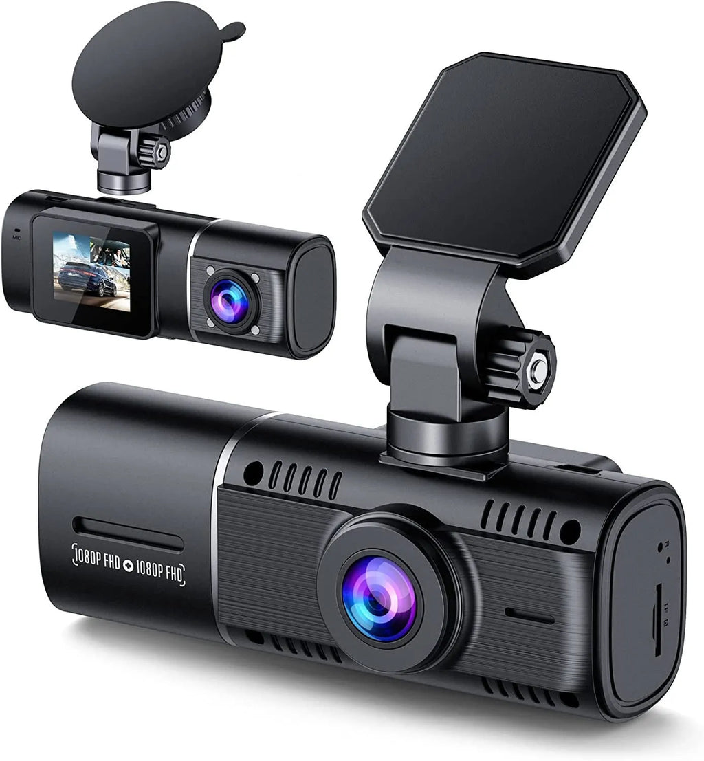 Standard black car dash cam with 1.5-inch screen, mounted on a stand, showing front camera lens
