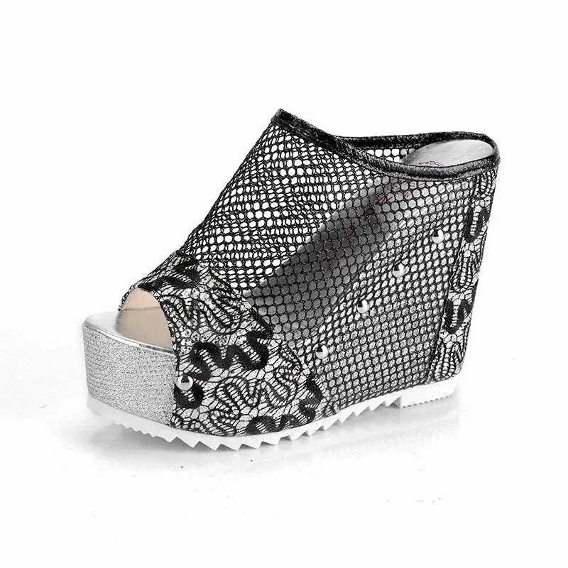Korean platform sandals with hollowed-out heel design in black, mesh upper material