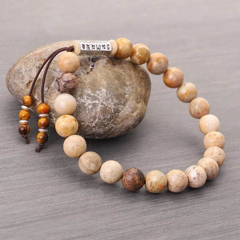 Handmade stone bead bracelet with wood colour finish in European American retro simple style