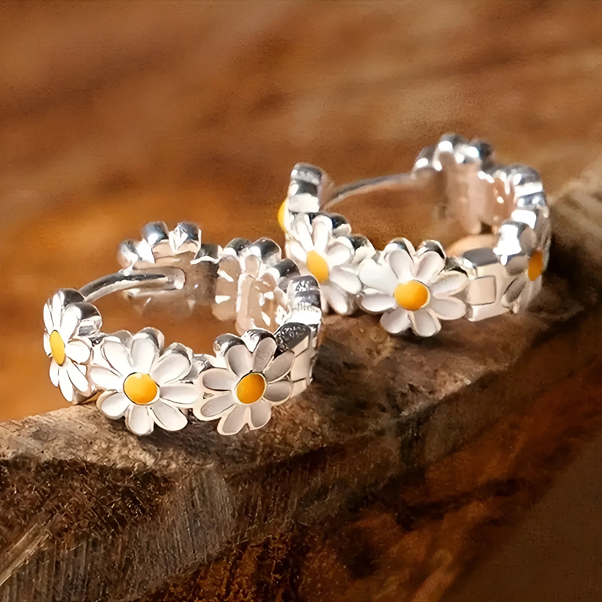 White daisy flower ring earrings with electroplated copper and platinum gem accents