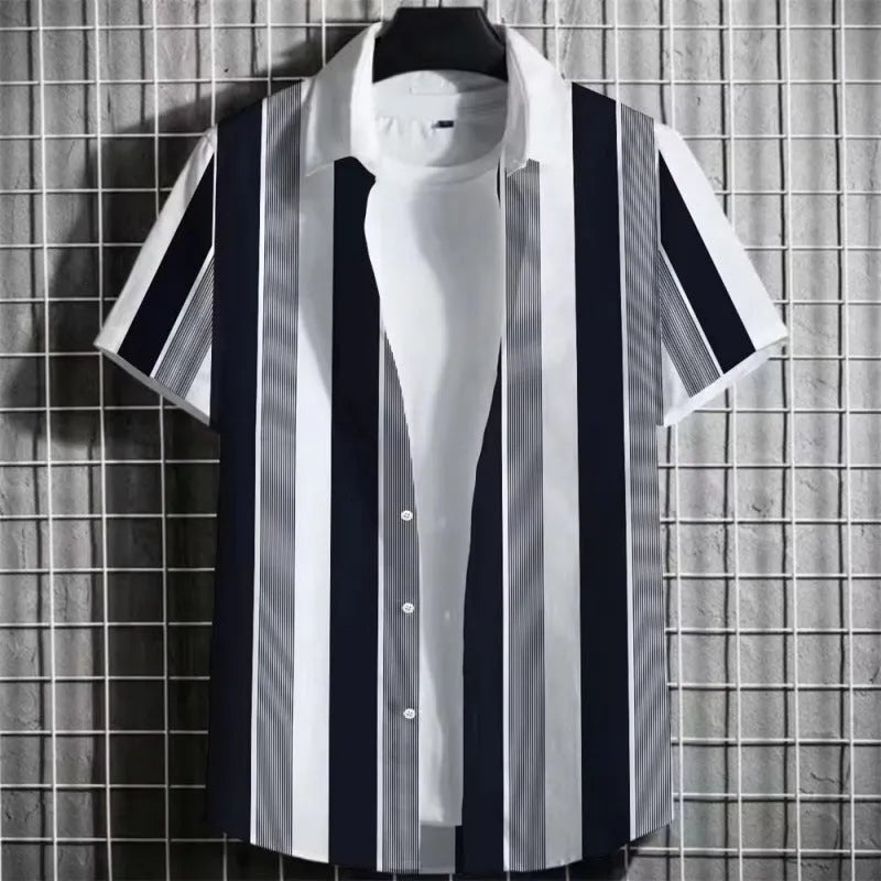 Man wearing a striped linen short-sleeve T-shirt with a 3D printed pattern.