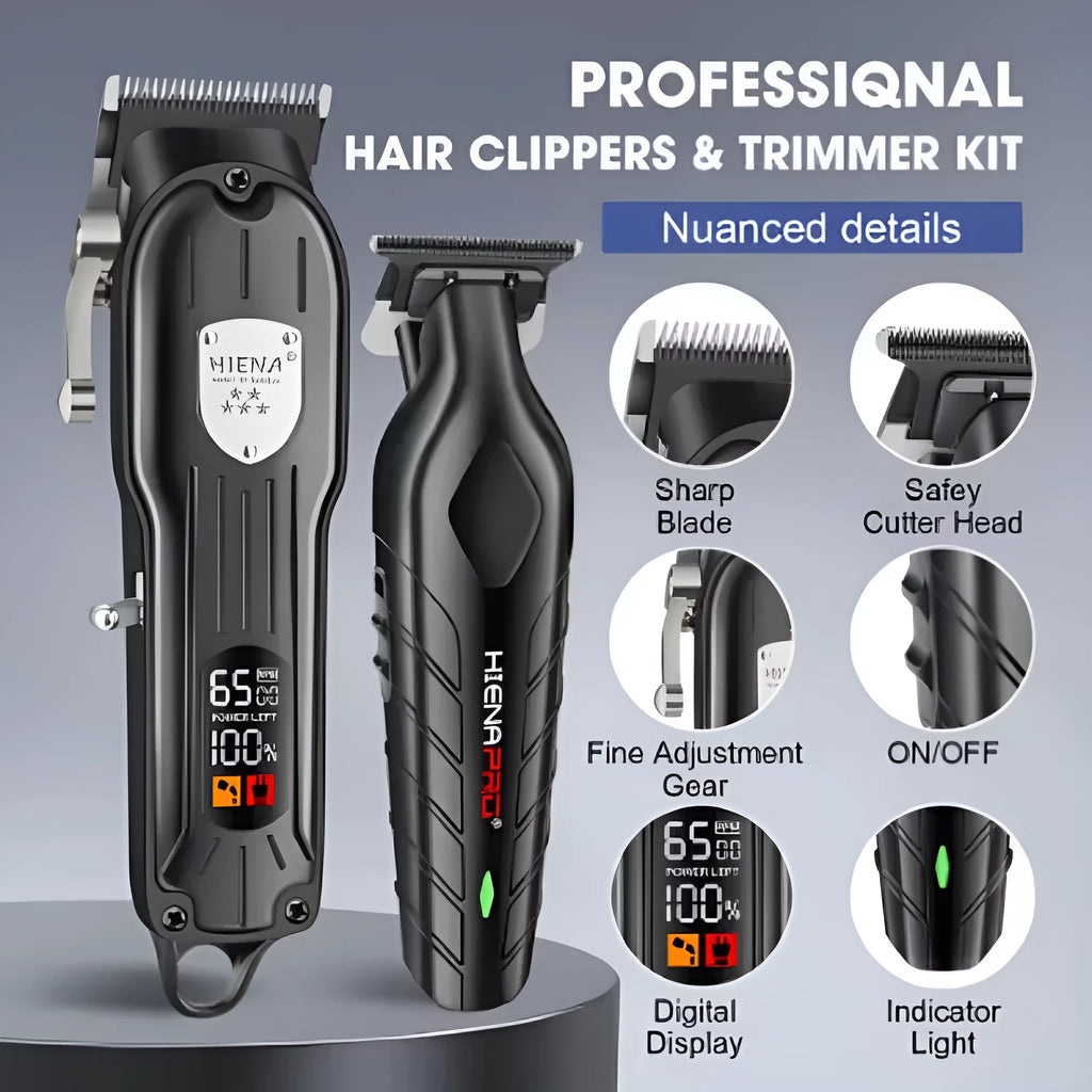 Black professional hair clipper set with foil shaver attachment and LED display.