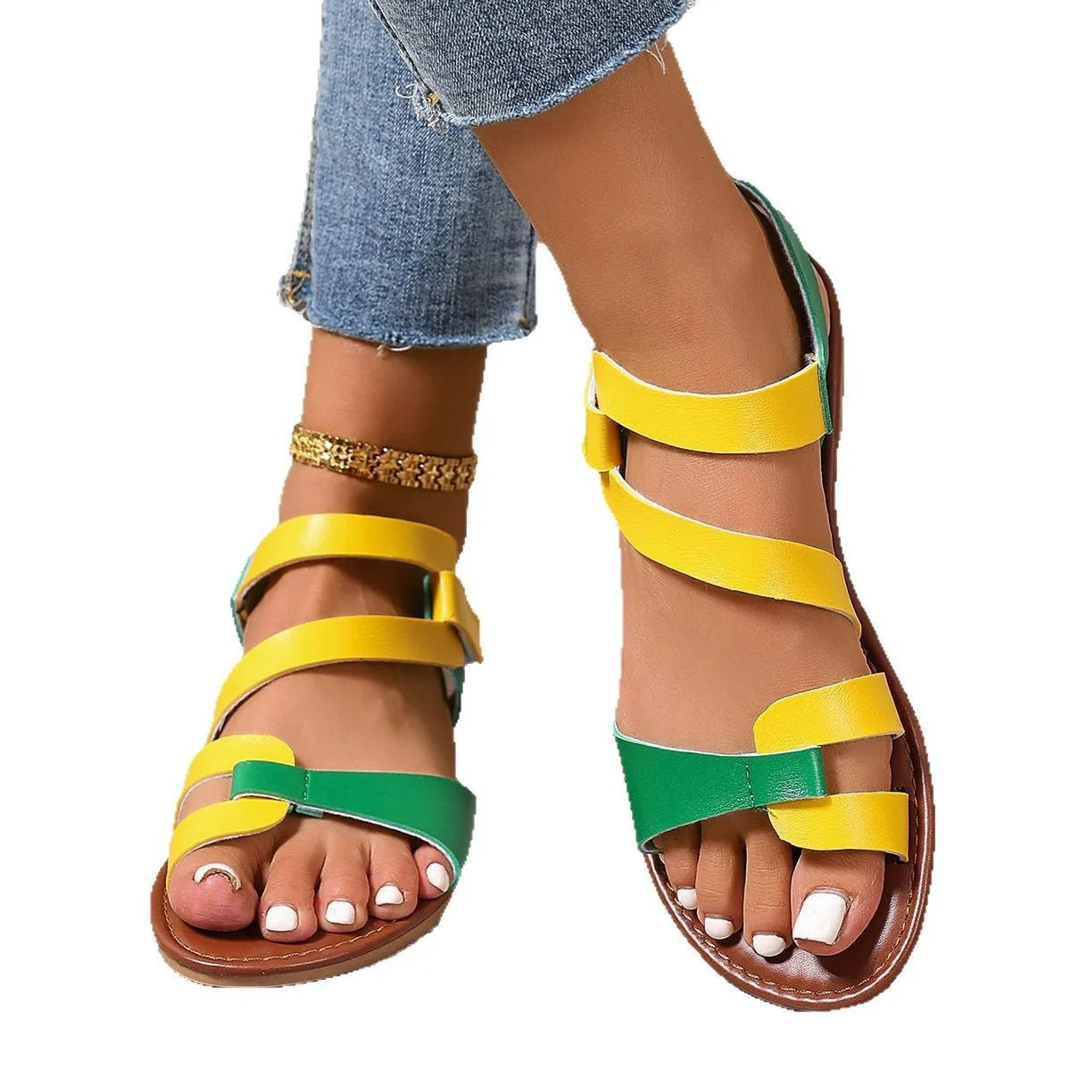 Women's black flat sandals with Velcro strap and round toe design on rubber sole