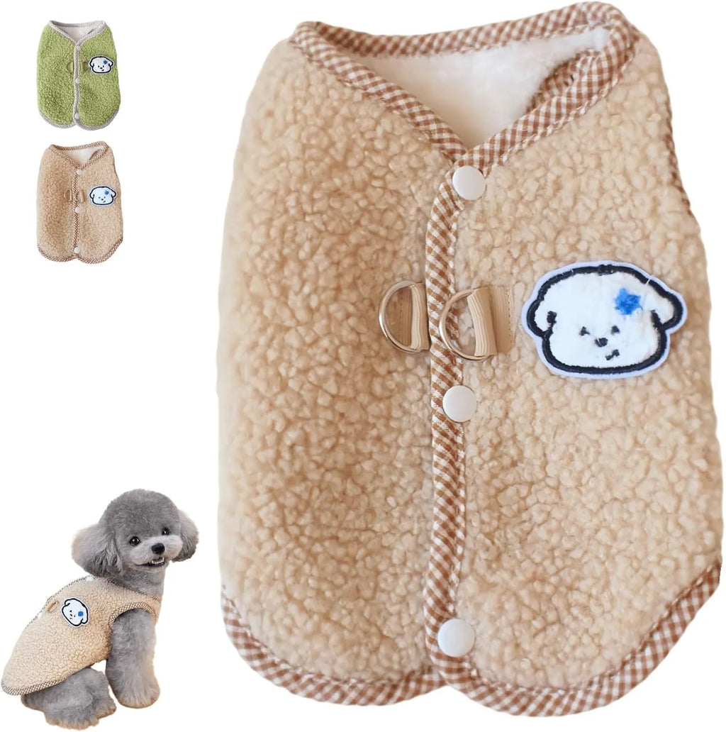 Green coral fleece dog vest with metal leash ring for small pets