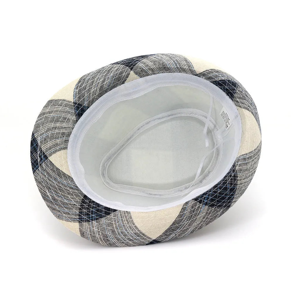 Blue and black polyester sun hat with bell crown and 4.5cm brim for outdoor sun protection.