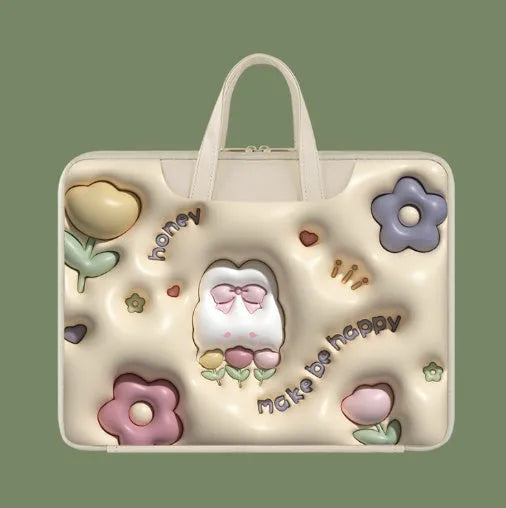 Inflatable laptop bag showing luggage attachment feature and available in multiple colour patterns