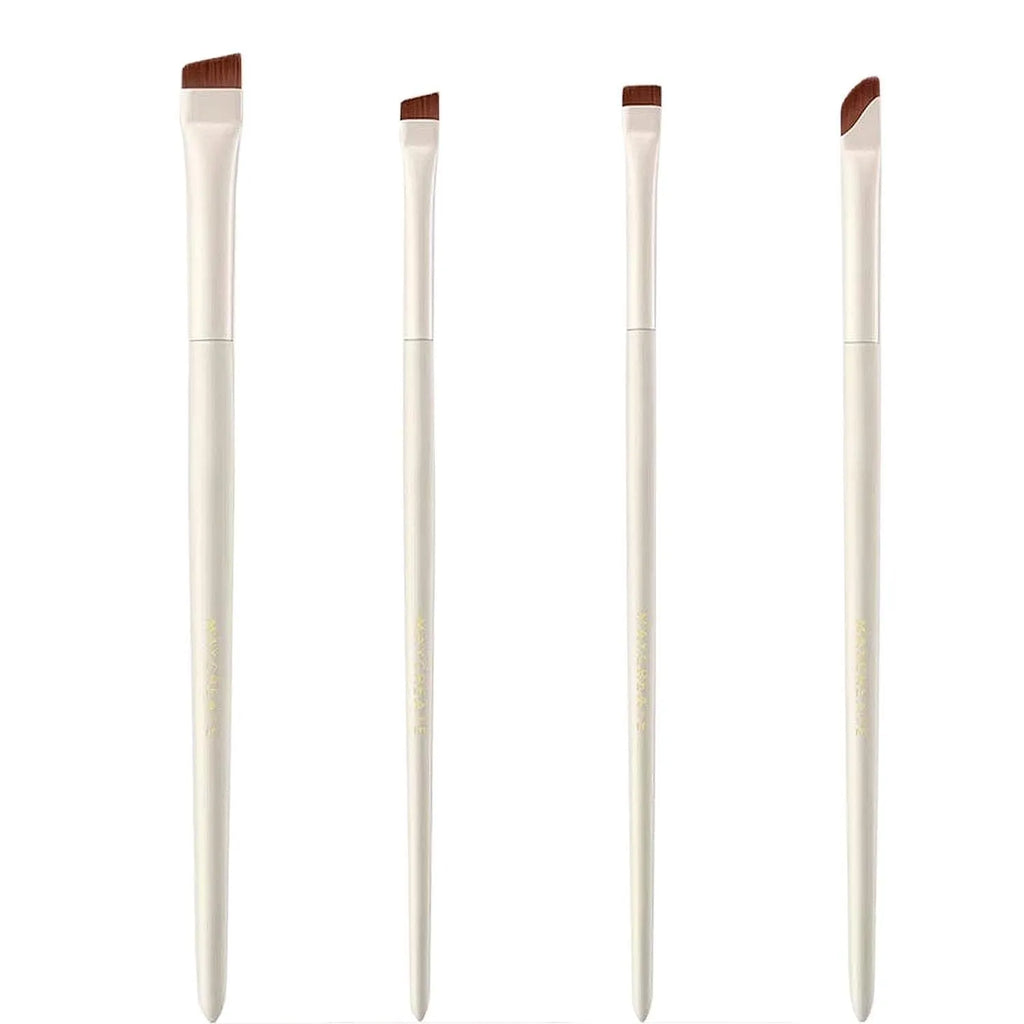 Four angled eyeliner and eyebrow brushes with fine tips in leather case for precise makeup application