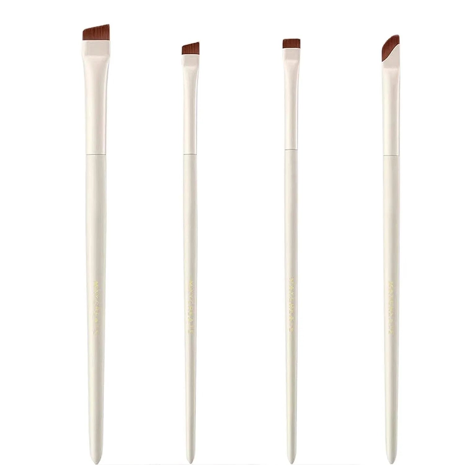 Four angled eyeliner and eyebrow brushes with fine tips in leather case for precise makeup application