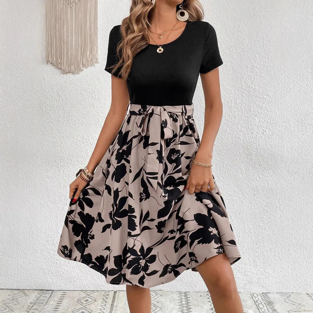 Women's khaki casual dress with printing lace-up design, A-line skirt, and shoulder strap