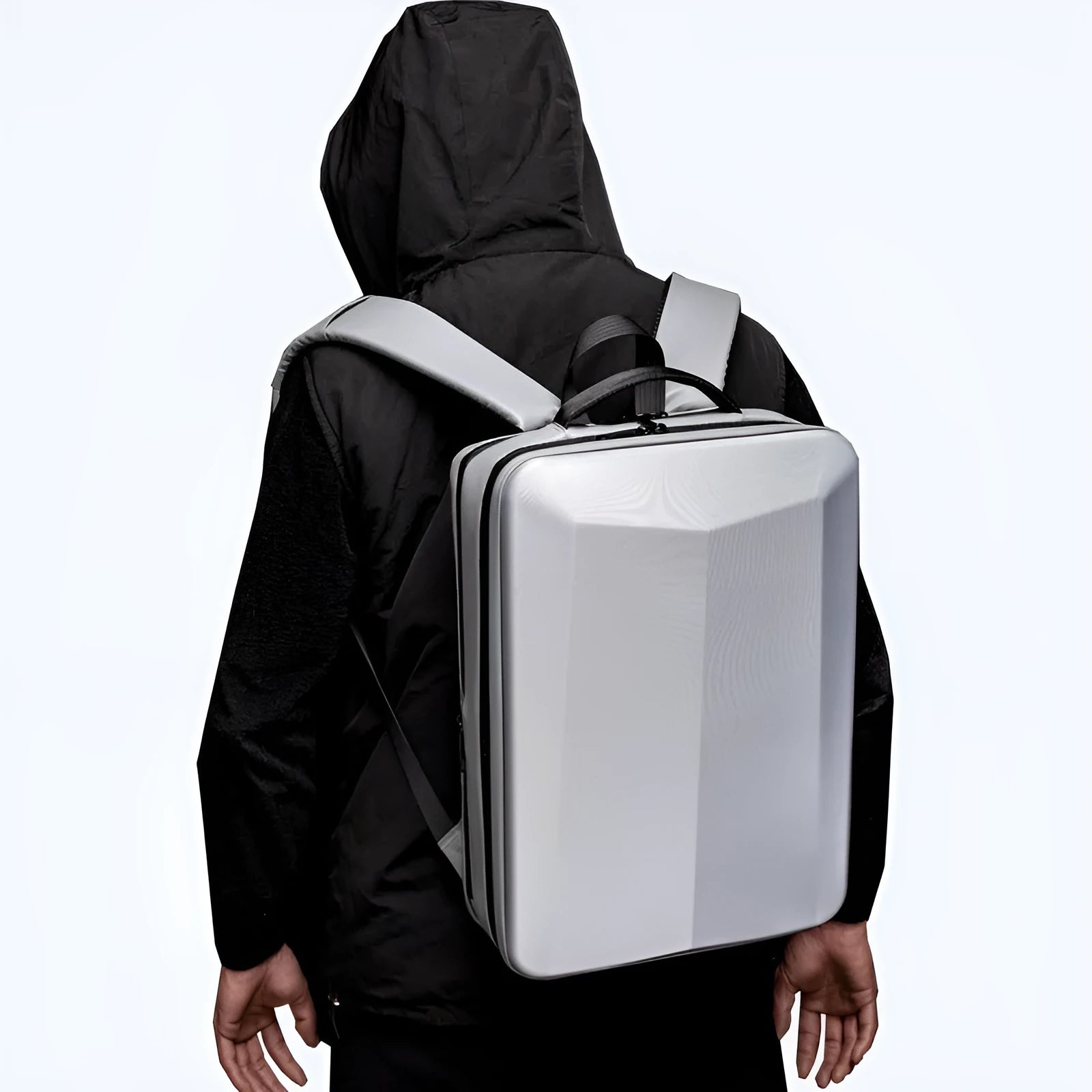 Men's waterproof business backpack in black or silver white with curved shoulder straps and street trend styling