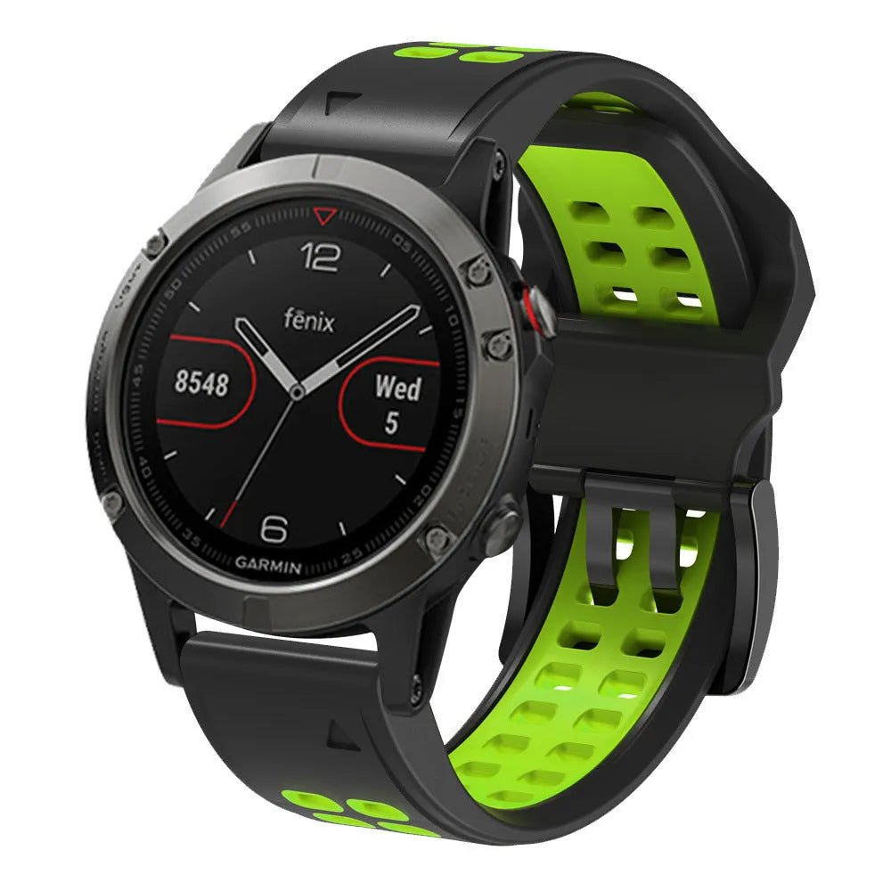 Two-colour silicone watch strap with quick-release pins showing black and orange combination on 22mm width