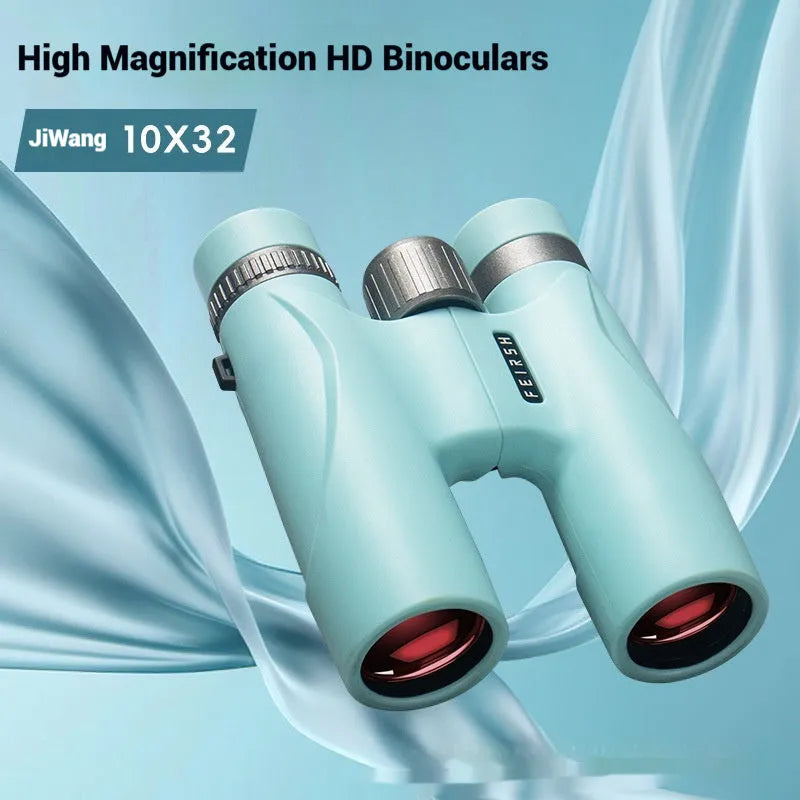 Compact 10x32 plastic binoculars in grey or blue with 32mm objective lens and 112x140x45mm dimensions for outdoor use