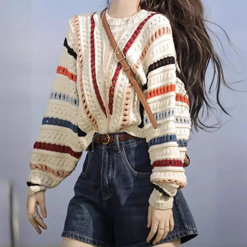 Rainbow striped hollow knit pullover sweater with batwing sleeves in loose casual style