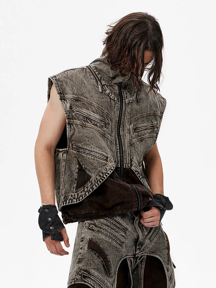 Men's splicing denim sleeveless vest jacket with front zipper in a youthful pop style.