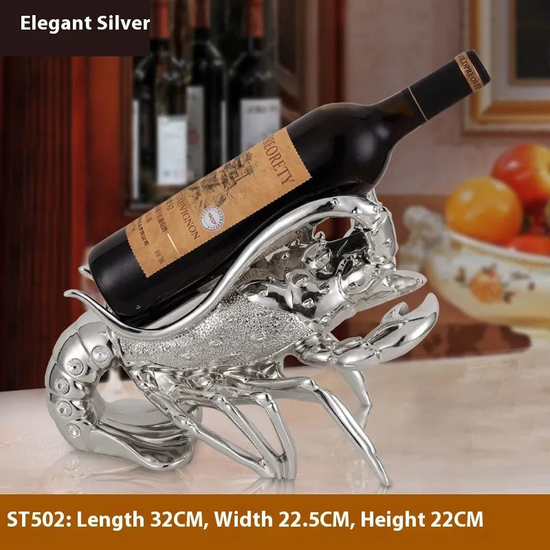 Lobster wine rack ornament in metallic finish displaying bottles