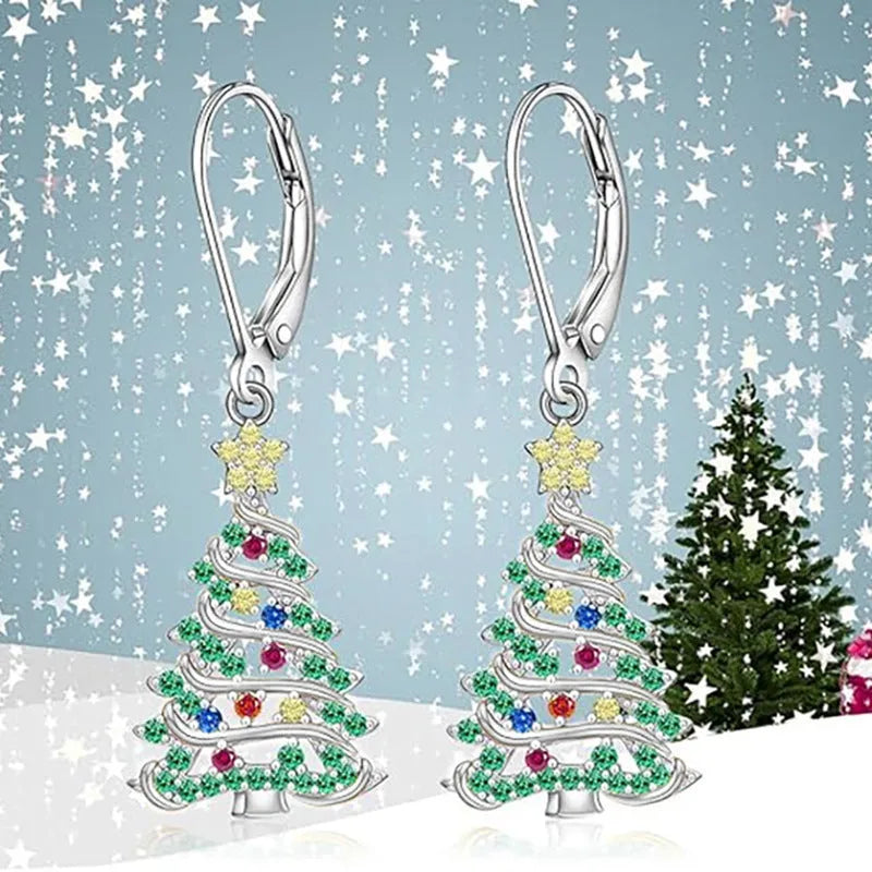 Christmas tree design earrings with star elements in white gold colour for women
