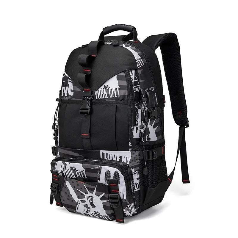 Men's black waterproof Oxford cloth hiking backpack with air pillow belt system and 56-75L capacity