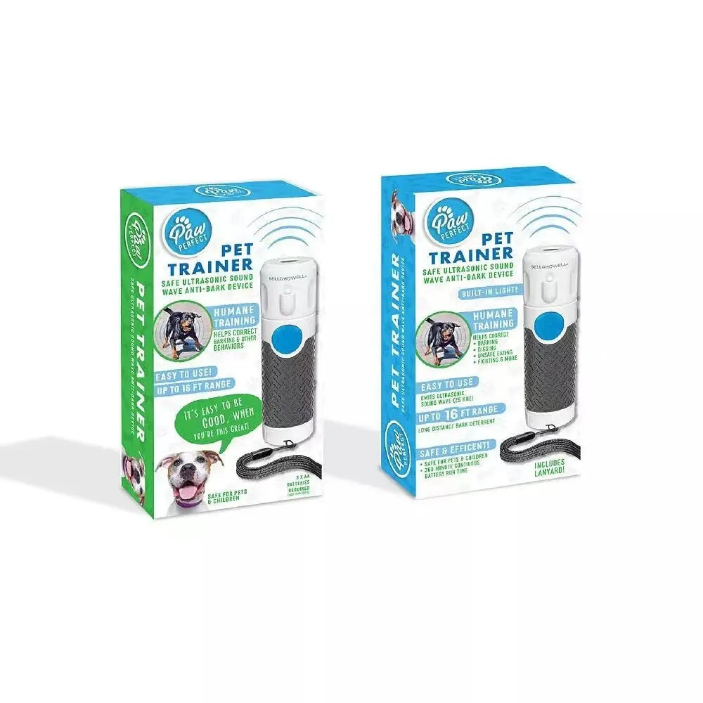 White handheld ultrasonic dog bark control trainer on a plain background.