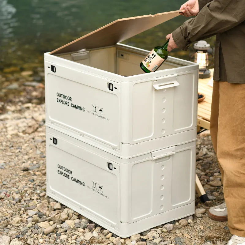 Large Nordic green foldable plastic storage box with wooden lid, showing 45L capacity.