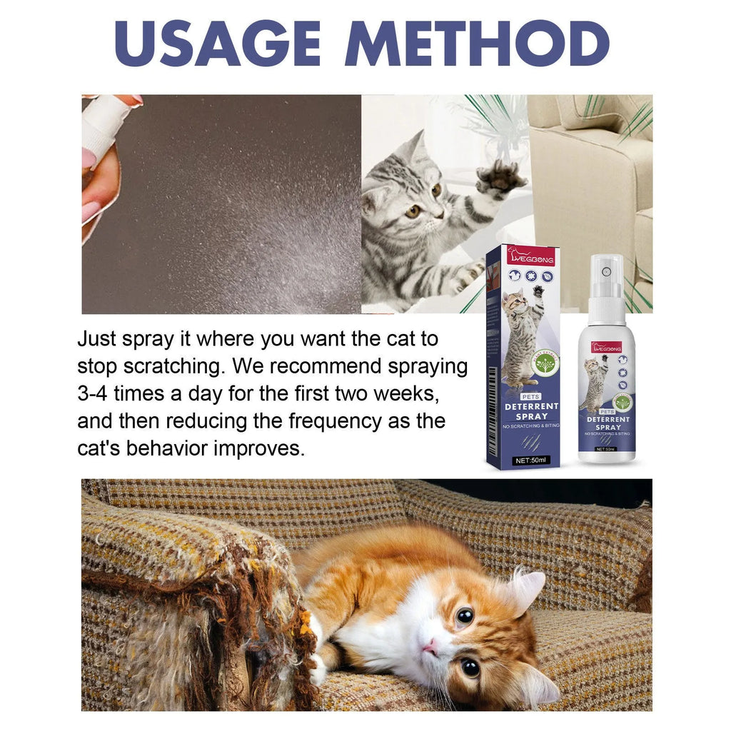 Boxed 50ml bottle of pet deterrent spray for dogs and cats to stop scratching furniture.