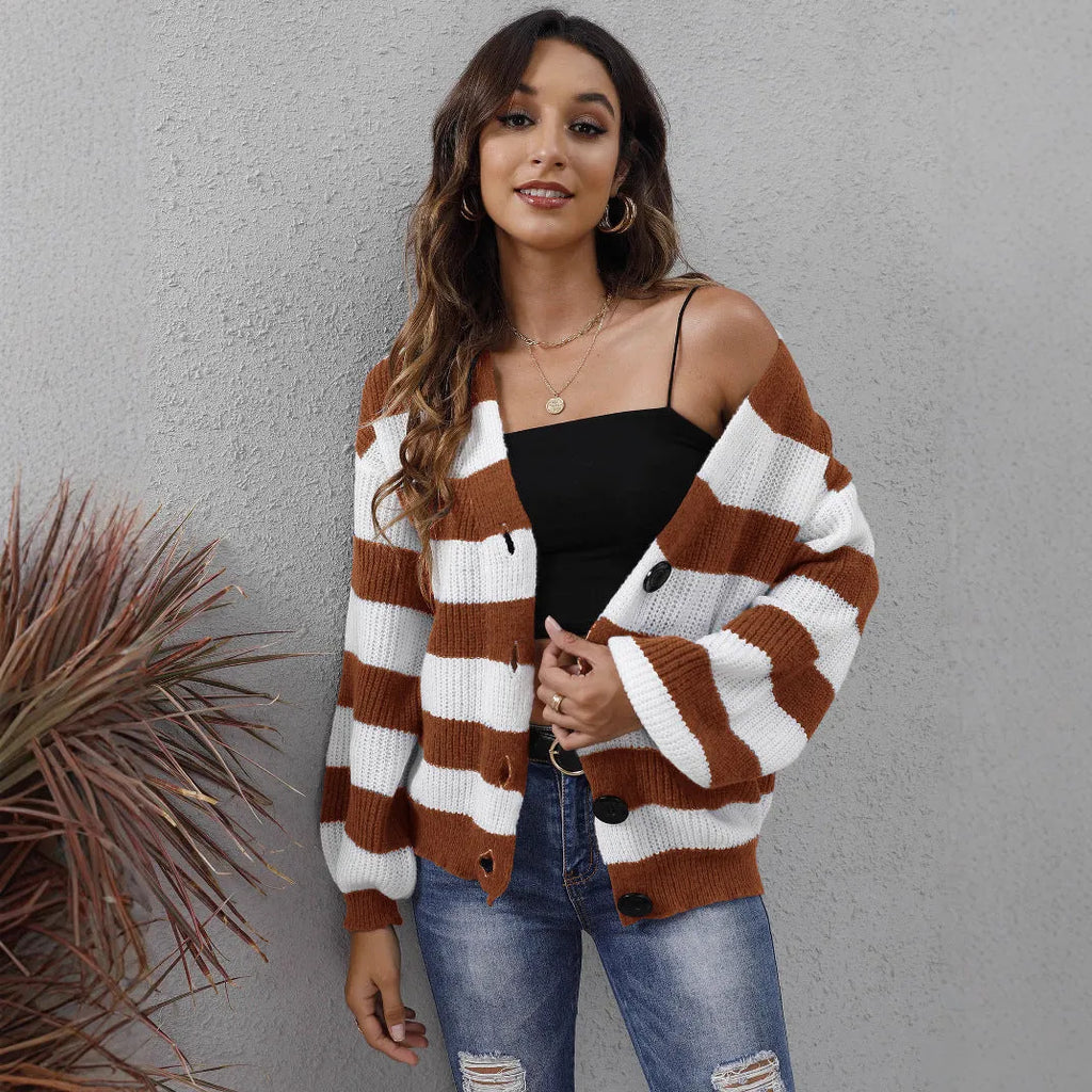 Women's striped cardigan sweater with deer plush fabric in blue, black, brown, or dark green colours