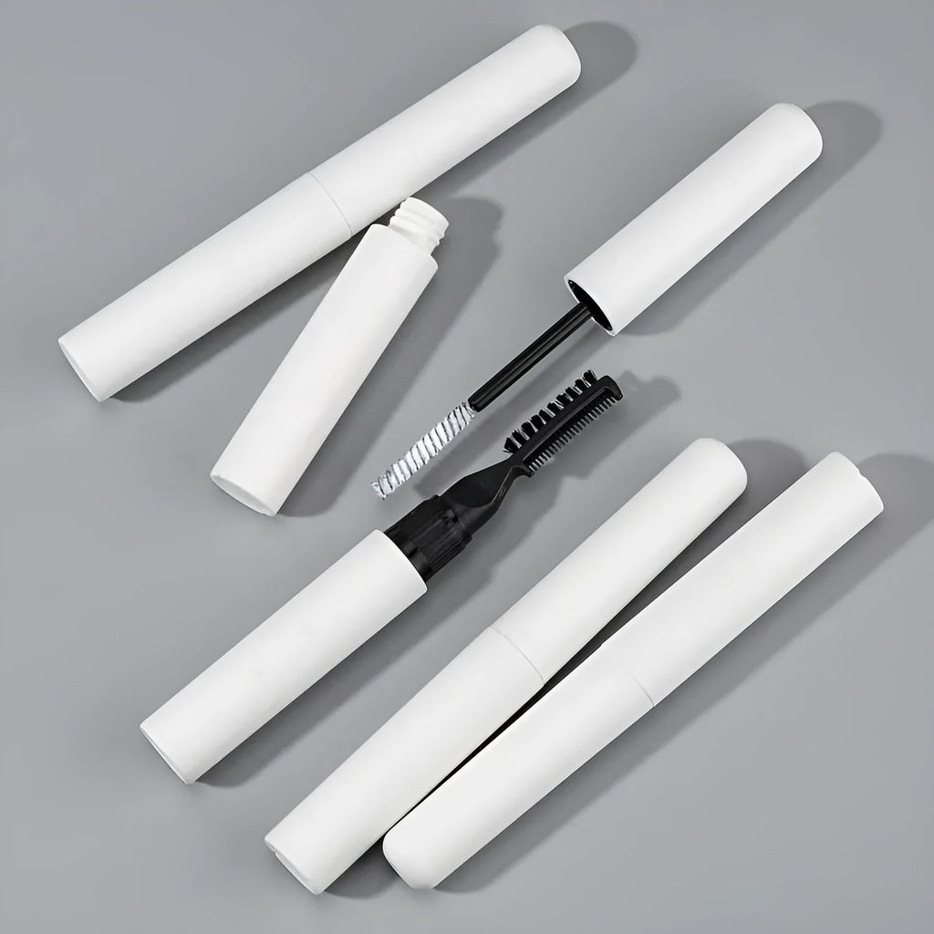 Eyebrow glue bottle with applicator brush for natural wild brow styling in pink and white options.