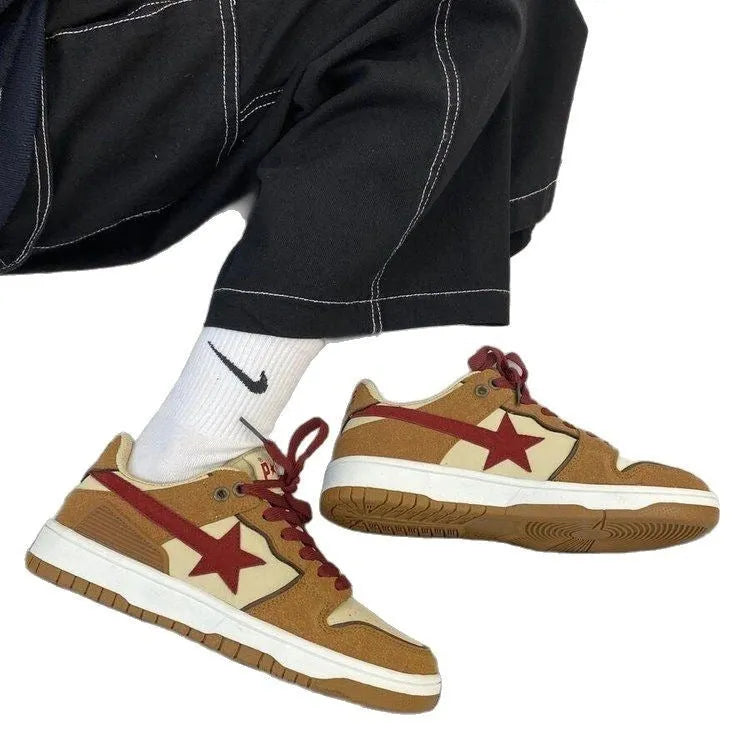 Brown women's low-top platform sneakers with sequin accents and front lace-up closure