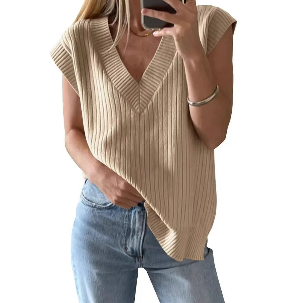 Women's striped V-neck sleeveless vest in camel colour with loose fit
