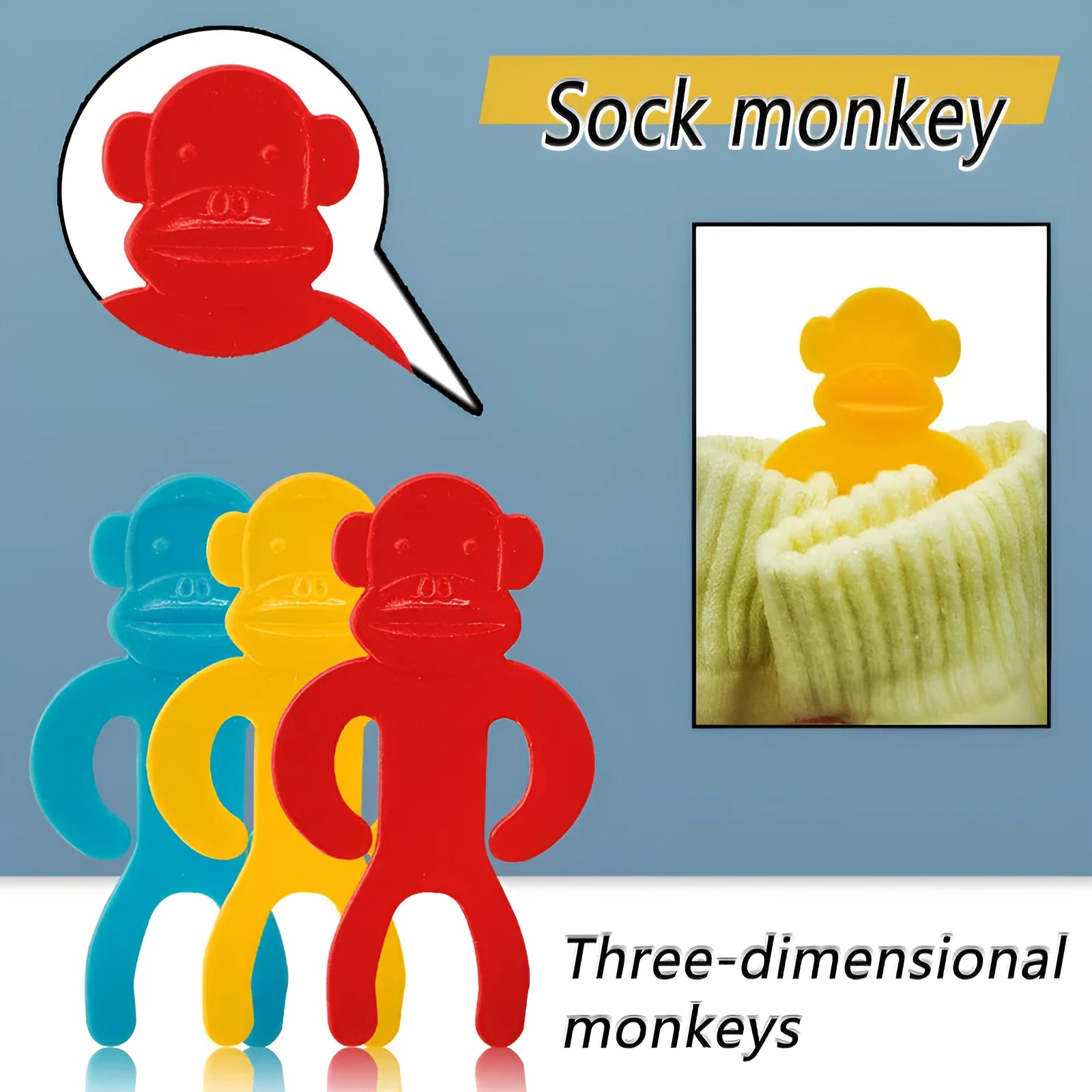 Plastic socks storage clips in blue, red and yellow colours for machine washing organisation