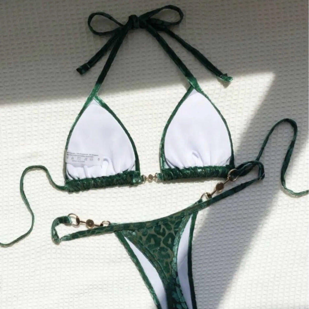 Blue leopard print T-shaped swimsuit bikini with polyester fabric and spandex stretch
