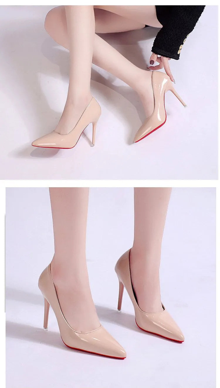 Women's black pointed toe stiletto heel pump with a low top and rubber sole.