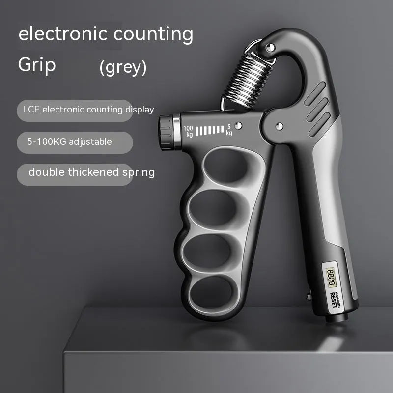 Electronic count spring grip hand exerciser with adjustable resistance and digital counter display