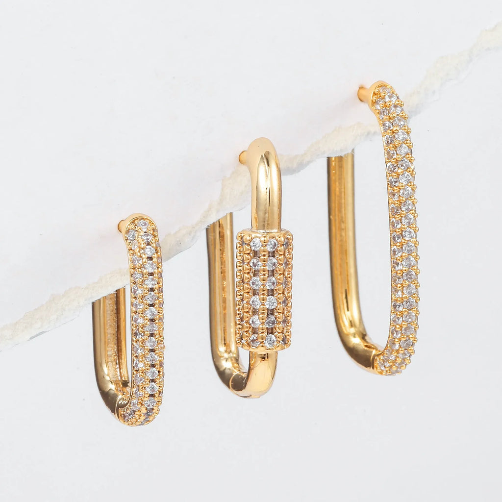 Set of three geometric ear clips with zircon inlay on copper in gold or white colours