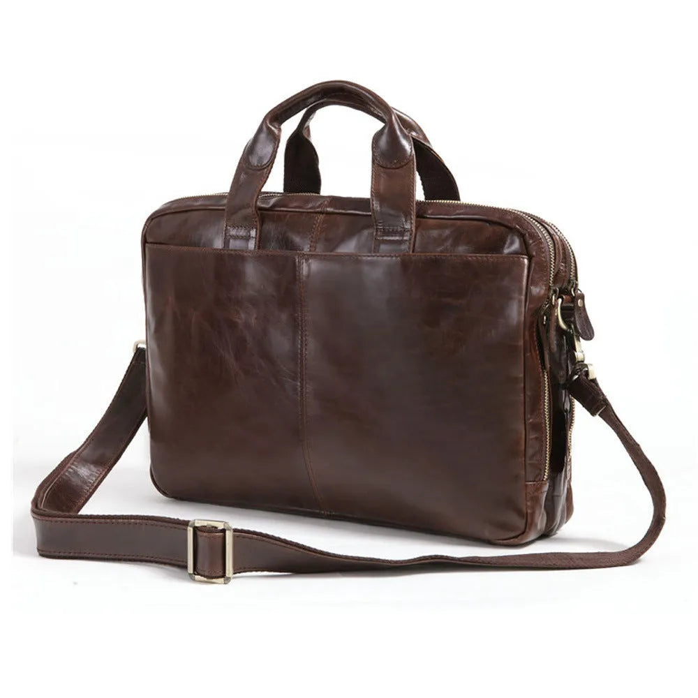 Brown men's 18-inch business briefcase in first layer cowhide leather with polyester lining