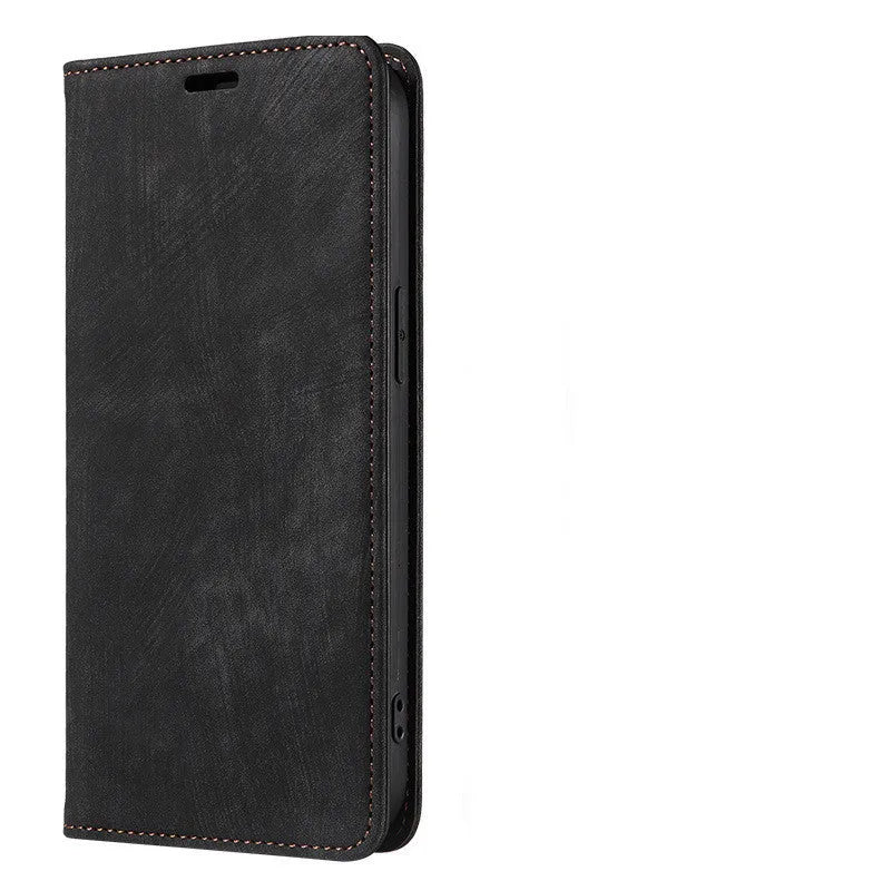 Magnetic flip phone case in genuine leather and TPU for iPhone, showing front cover closed with magnetic closure