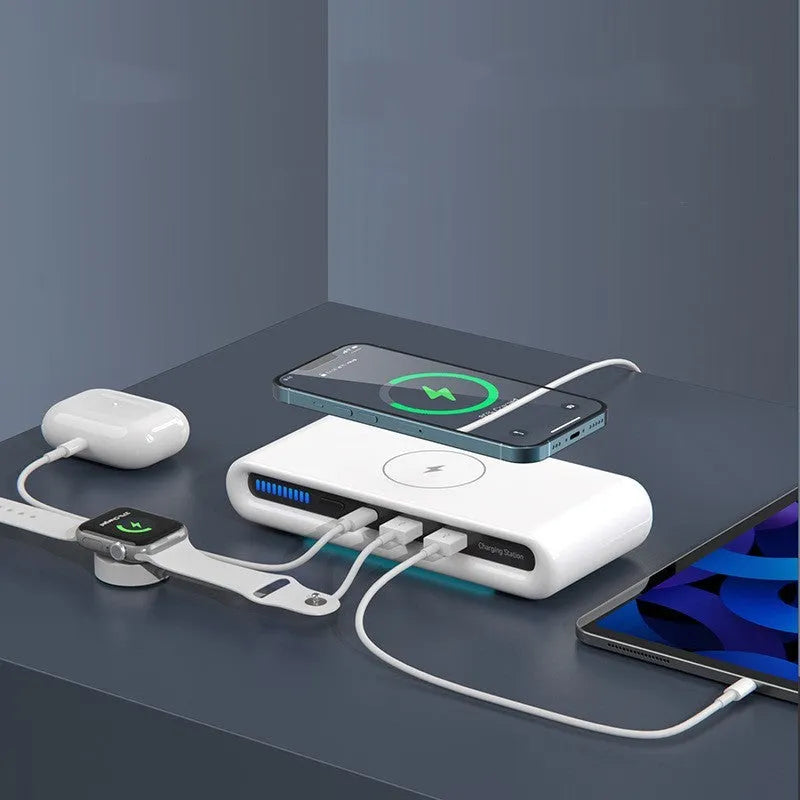 White desktop wireless charging pad with 15W fast charging and eight-colour atmosphere lighting, measuring 175x83x32mm