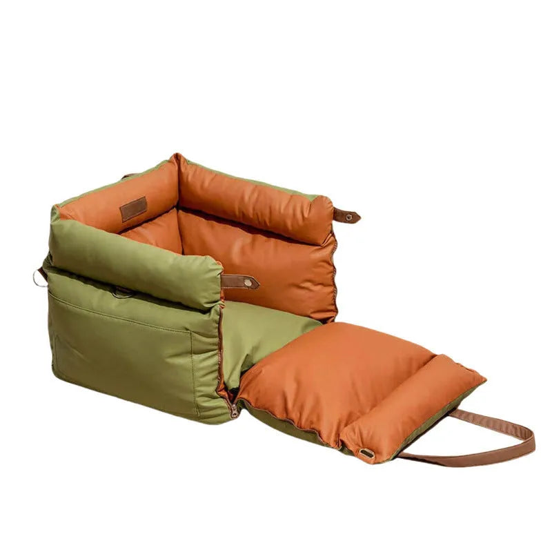 Green waterproof dog car bed with removable cover on a car seat, measuring 55cm by 50cm.