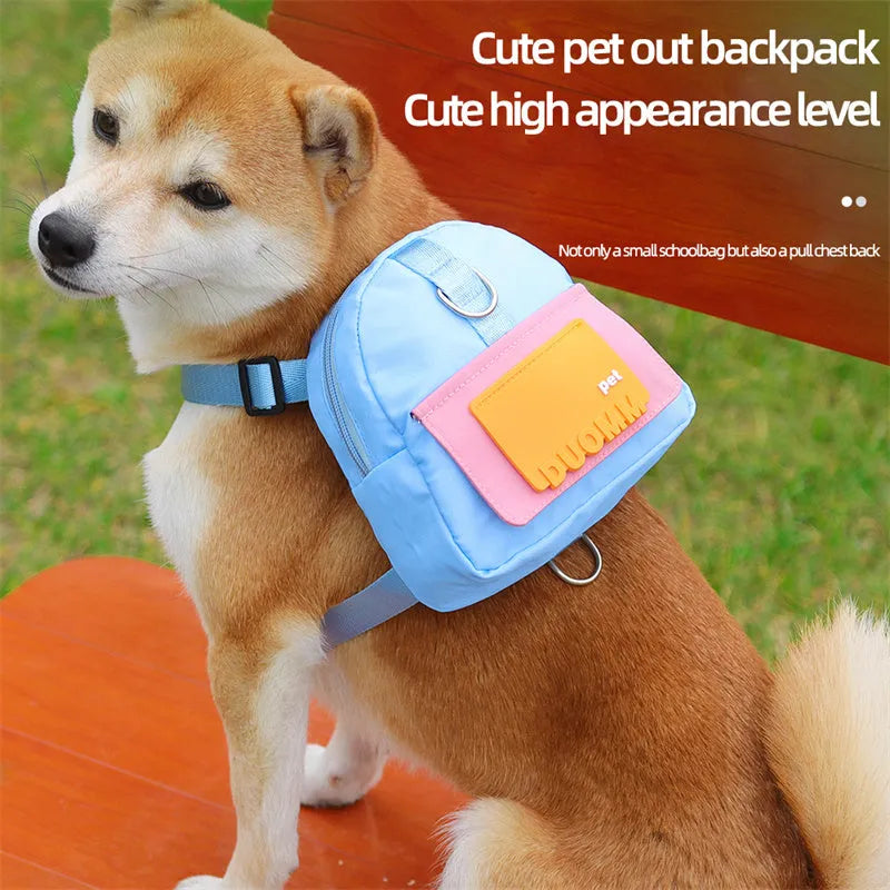 Blue adjustable pet backpack with harness and snack storage compartment for dogs