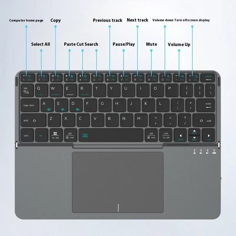 Grey wireless Bluetooth folding keyboard for mobile phones and tablets showing collapsed portable design