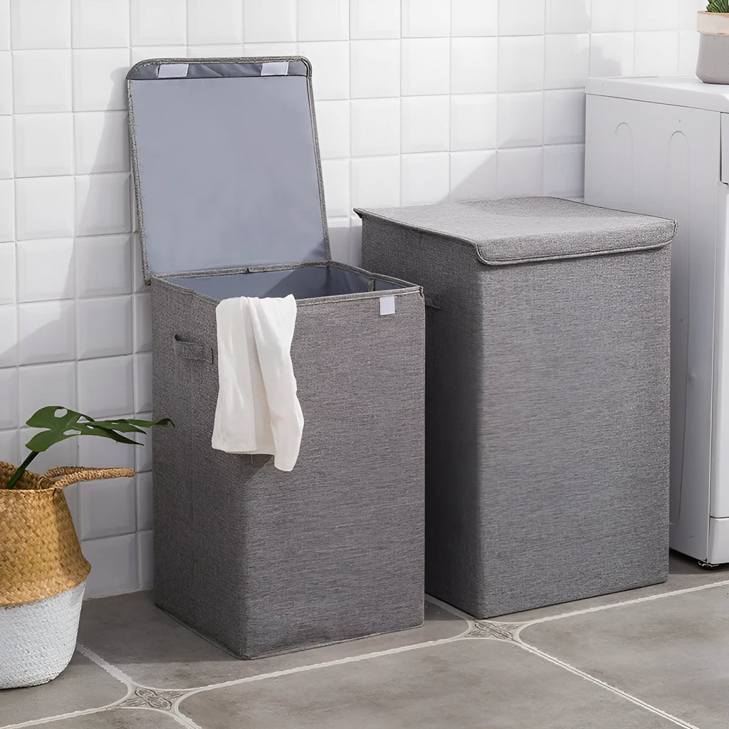 Foldable three-dimensional cotton linen storage basket in grey, khaki or brown colour